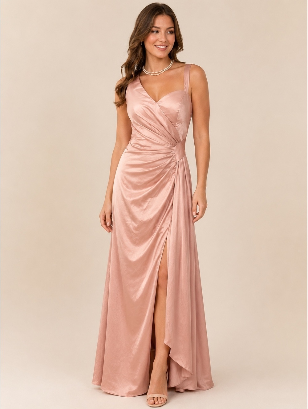 Hebeos Size 4 Blush One Shoulder Satin Formal Gown Maxi Dress Side Slit